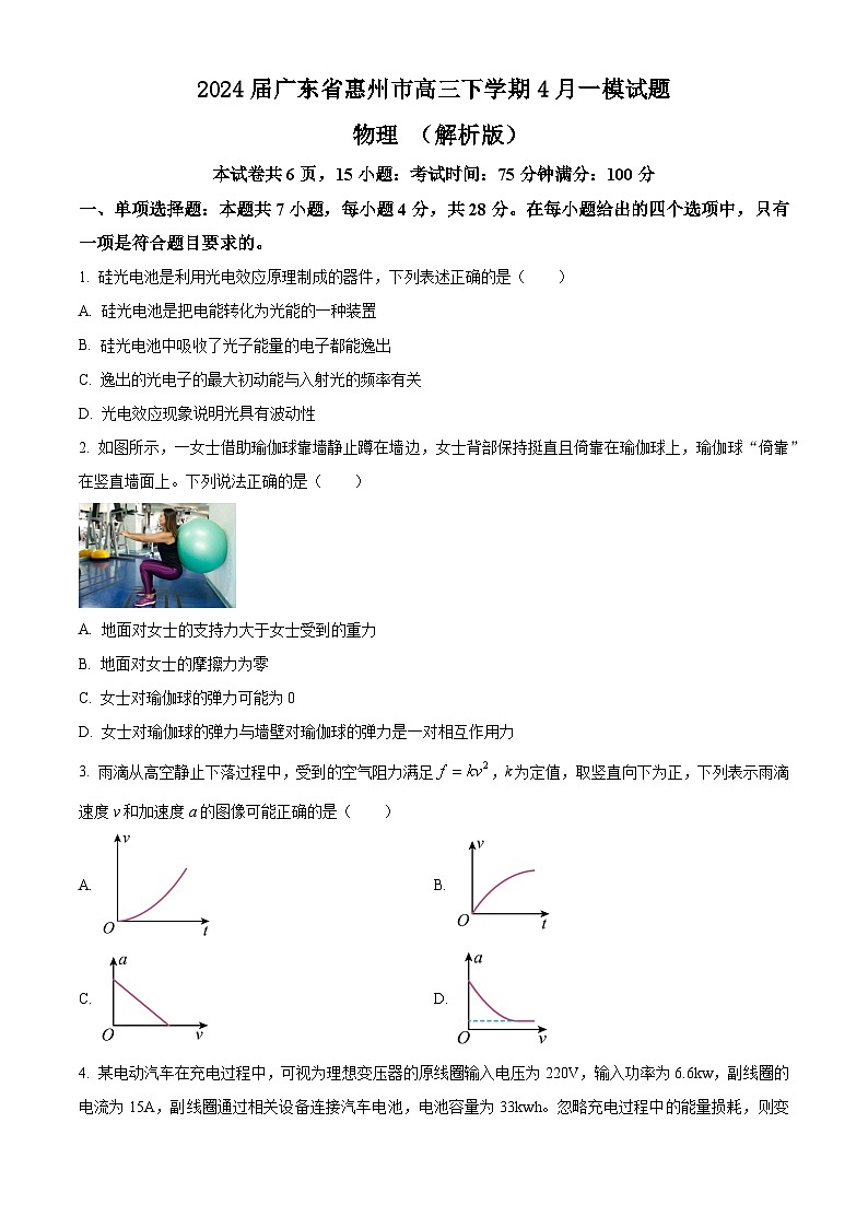 2024届广东省惠州市高三下学期4月一模试题 物理 （解析版）01