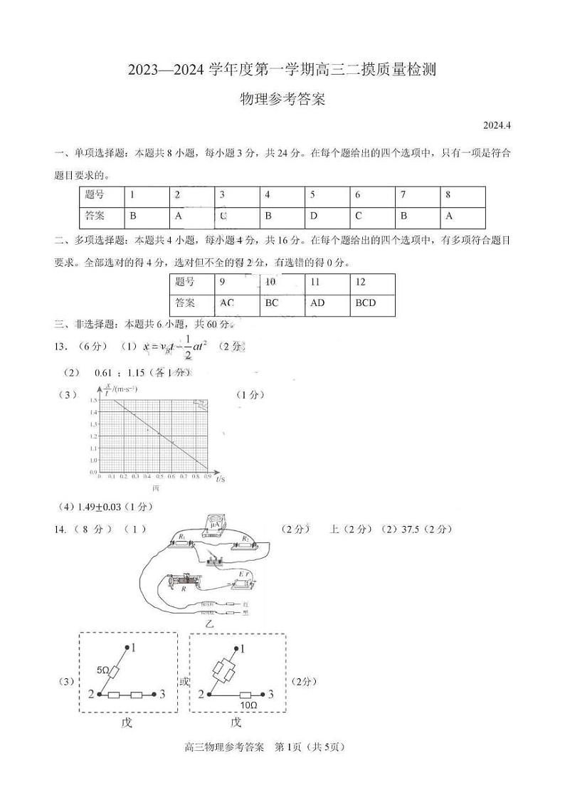 24淄博二模物理答案第1页