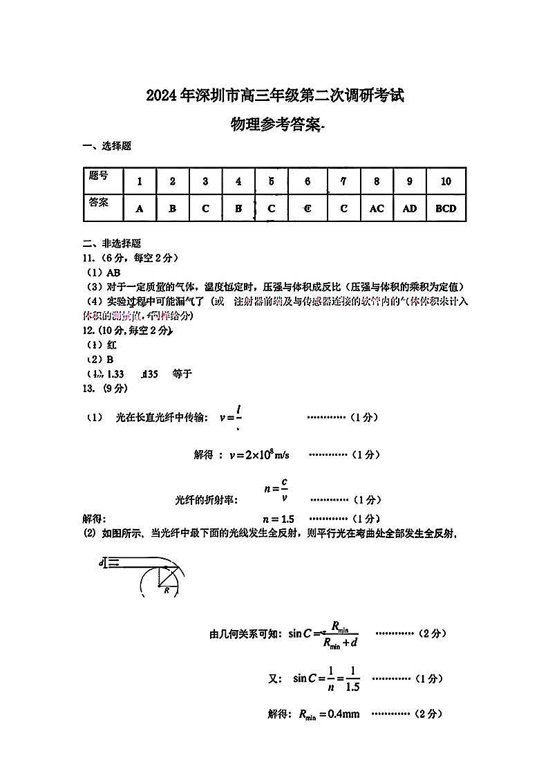 2024届广东省深圳市高三年级第二次调研考试物理01