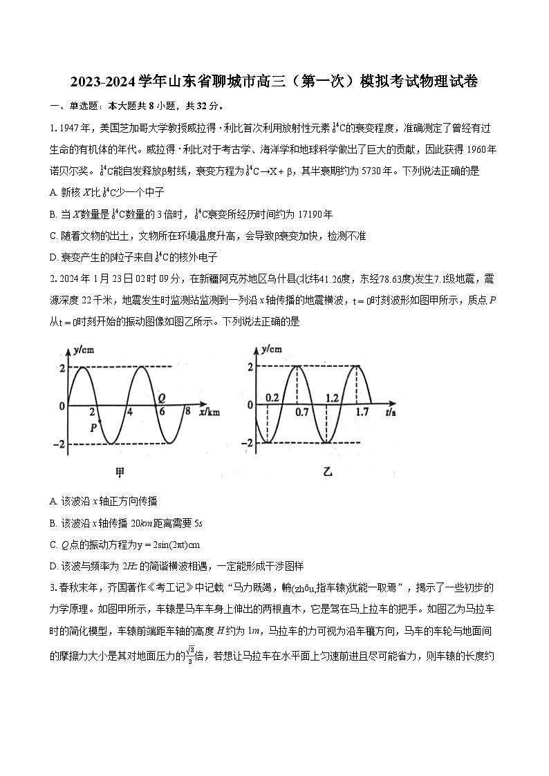 2023-2024学年山东省聊城市高三（第一次）模拟考试物理试卷(含详细答案解析)第1页