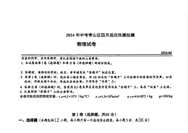 2024年湖北省武汉市青山区中考四月高考模拟题（一模）物理题（无答案）01