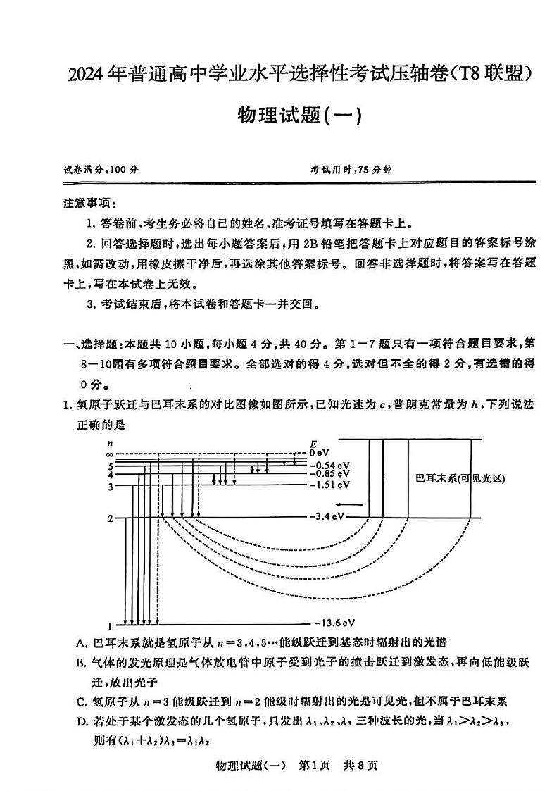 2024届T8联盟普通高中高三下学期学业水平选择性考试压轴物理试卷（一）01