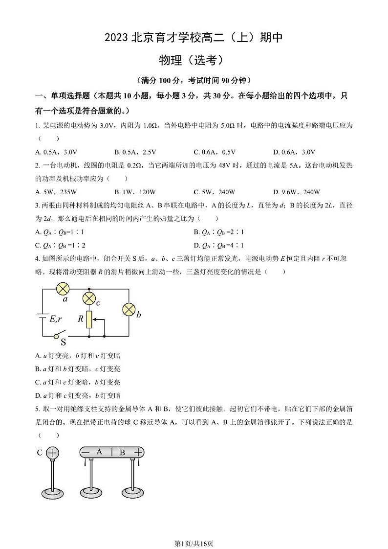 2023 北京育才学校高二上学期期中物理（选考）试卷01