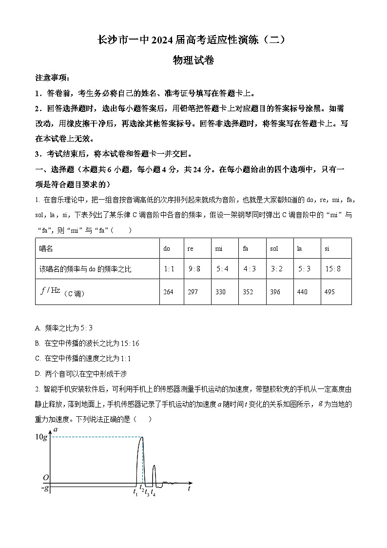 2024届湖南省长沙市第一中学高三下学期适应性演练（二模）物理试题（原卷版）第1页