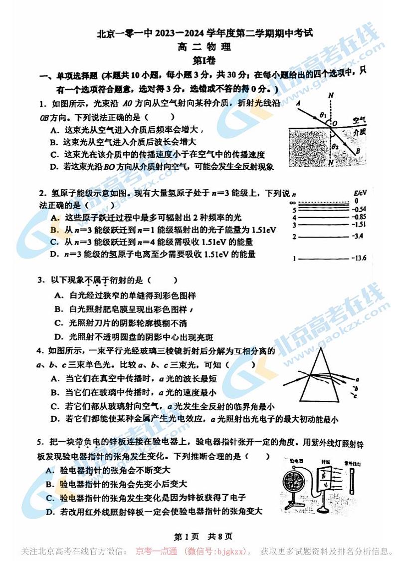 2024北京一零一中高二下学期期中物理试题01