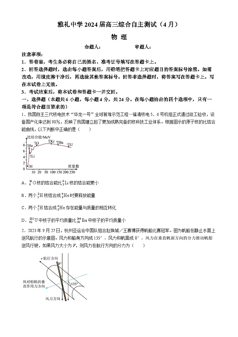 2024长沙雅礼中学高三下学期4月综合测试物理含解析01
