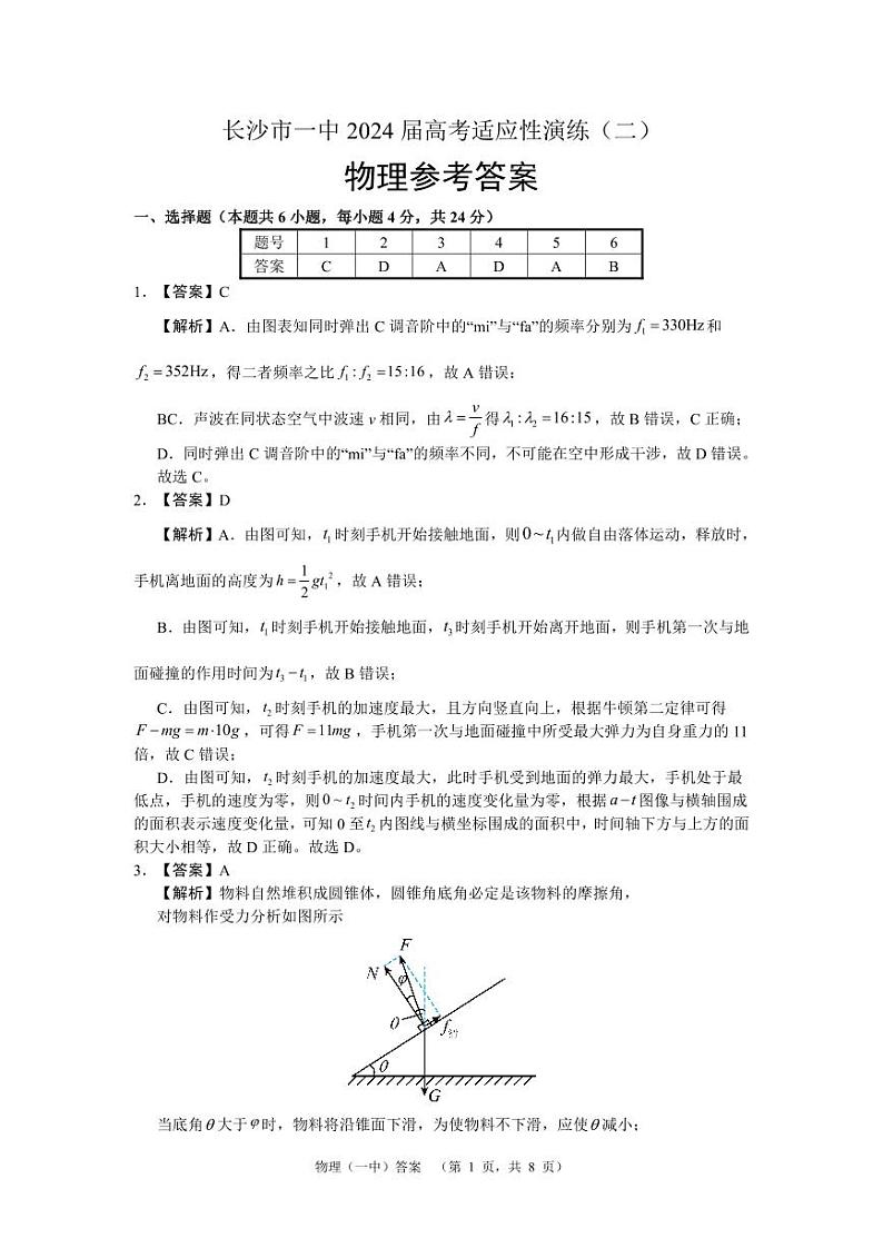 2024长沙一中高三下学期二模试题物理PDF版含解析01