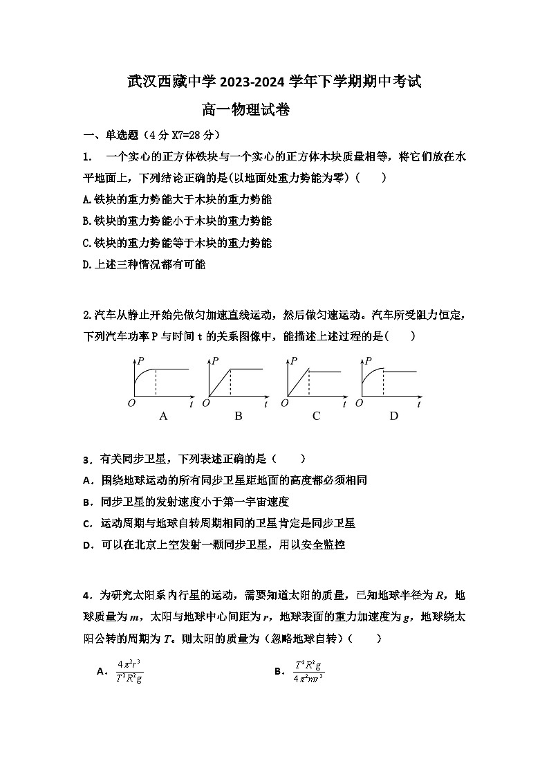 湖北省武汉市武汉西藏中学2023-2024学年高一下学期5月期中物理试题01