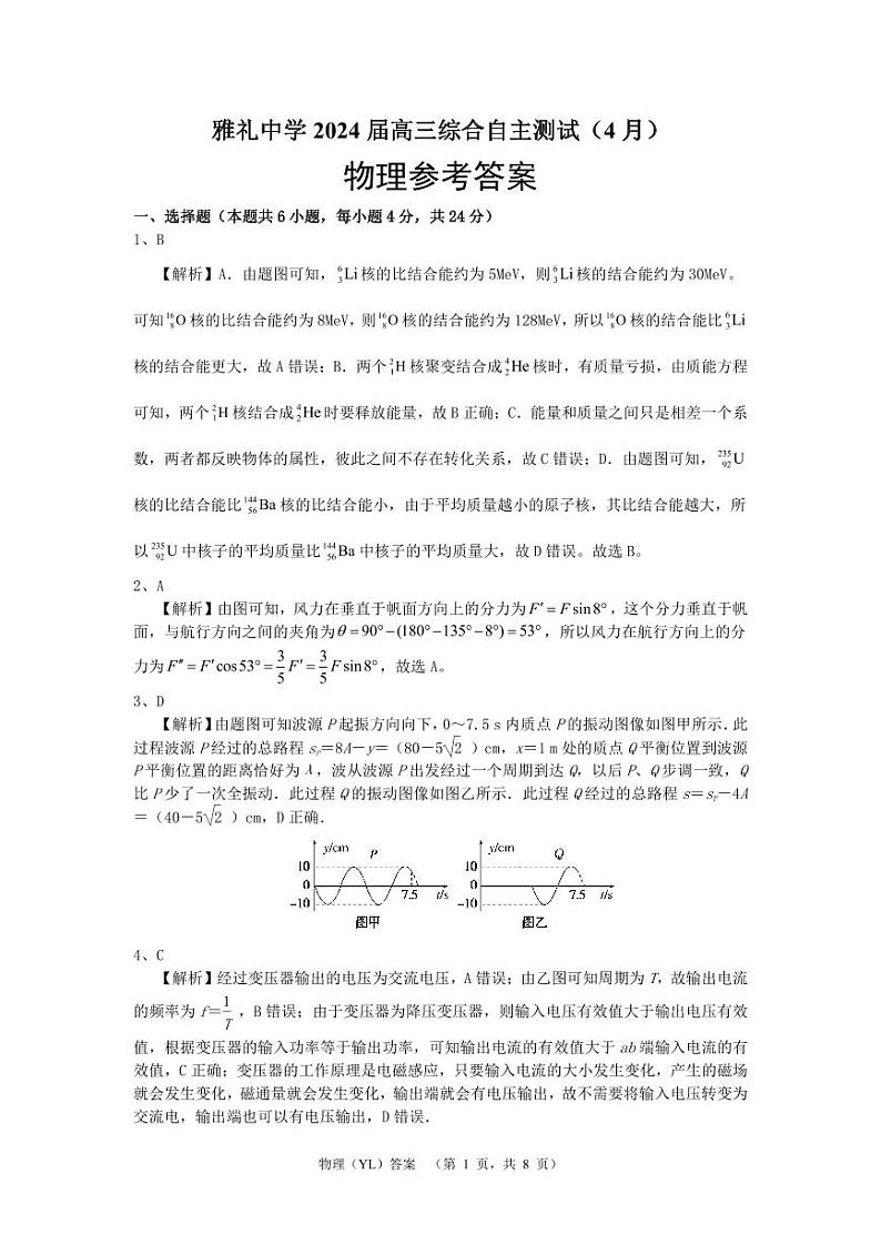湖南省长沙市雅礼中学2024届高三下学期4月综合测试物理试题含答案01
