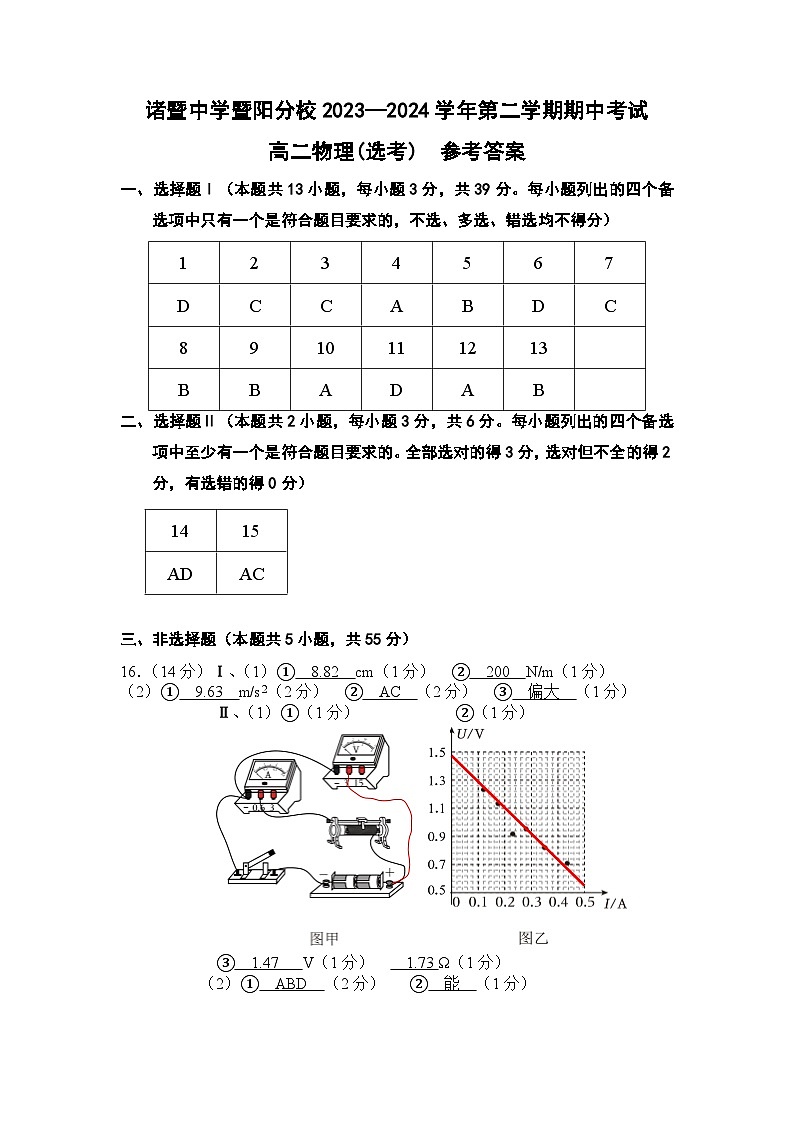 浙江省绍兴市诸暨中学暨阳分校2023-2024学年高二下学期期中考试物理试题01