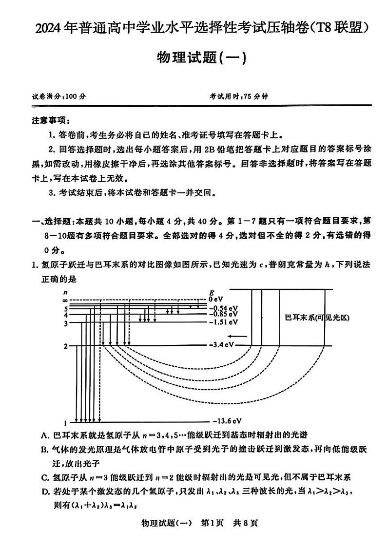 2024届湖北T8联盟普通高中高三下学期学业水平选择性考试压轴物理试卷（一）第1页