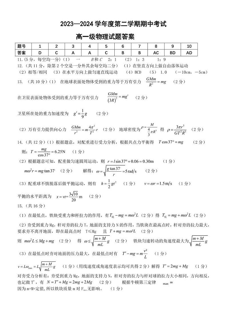 广东省江门市新会第一中学2023-2024学年高一下学期期中考试物理答案第1页