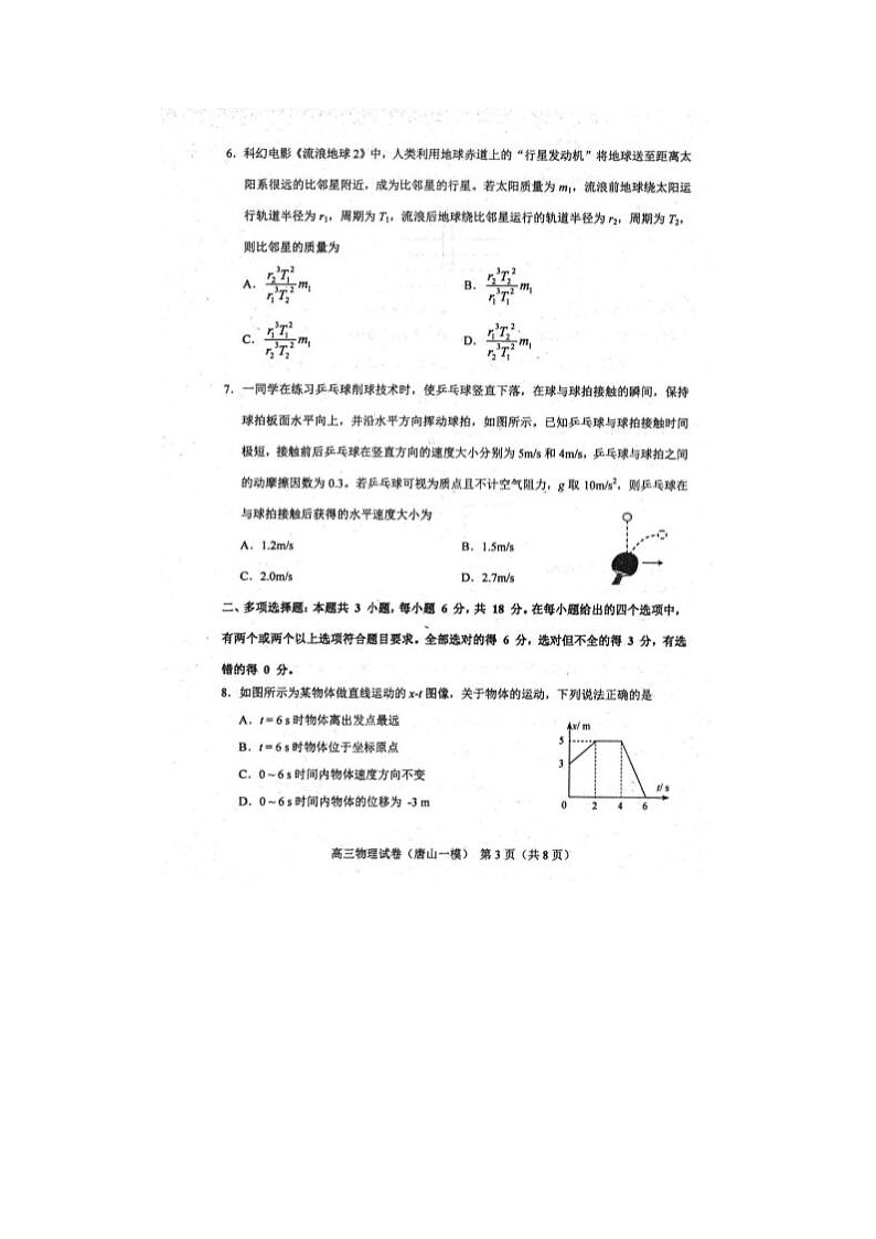 2024届河北省唐山市高三下第一次模拟演练物理试题03