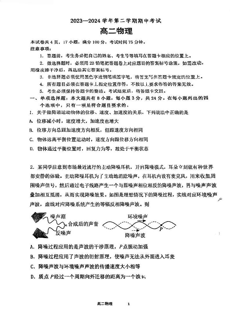 广东省江门市蓬江区棠下中学2023-2024学年高二下学期期中考试物理试题01