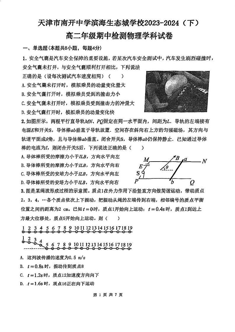 天津市南开中学滨海生态城学校2023-2024学年高二下学期期中物理试题01
