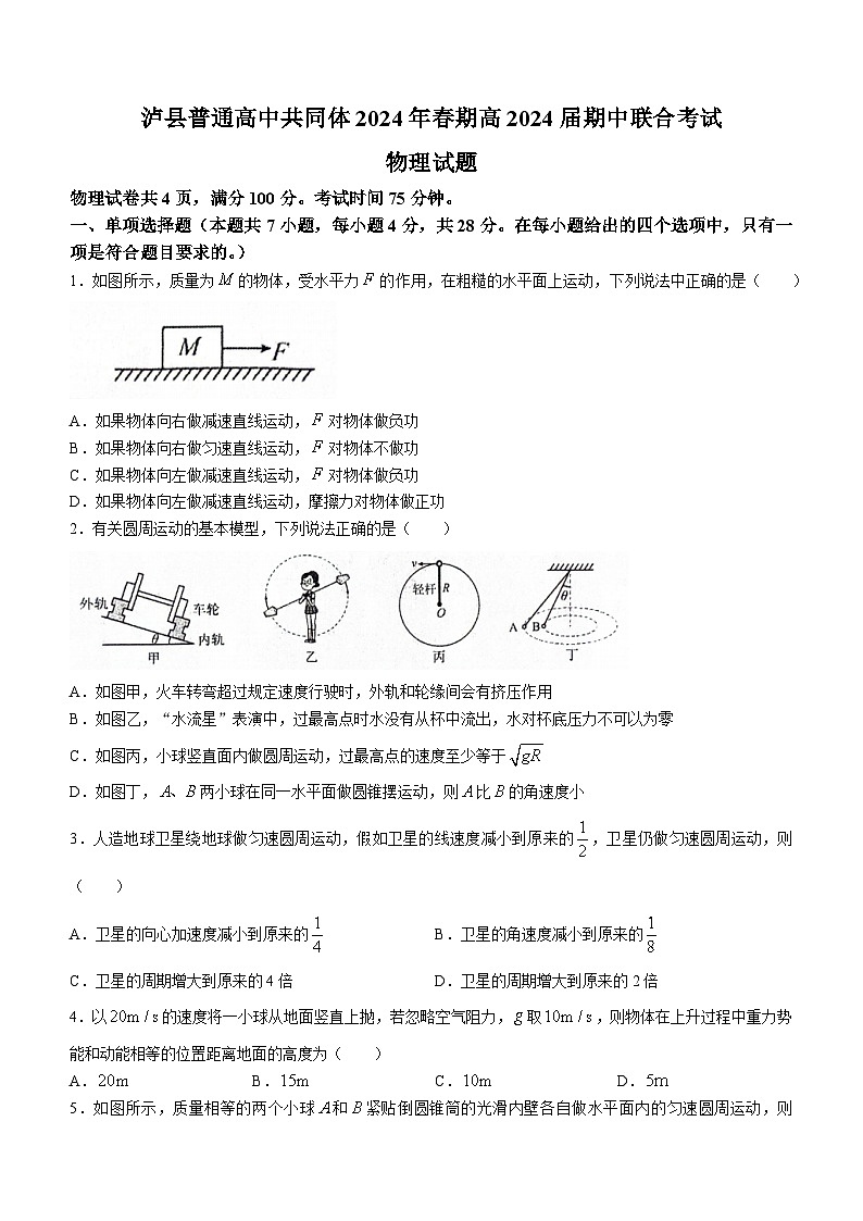 四川省泸州市泸县普通高中共同体2023-2024学年高一下学期4月期中联合考试物理试题(无答案)01