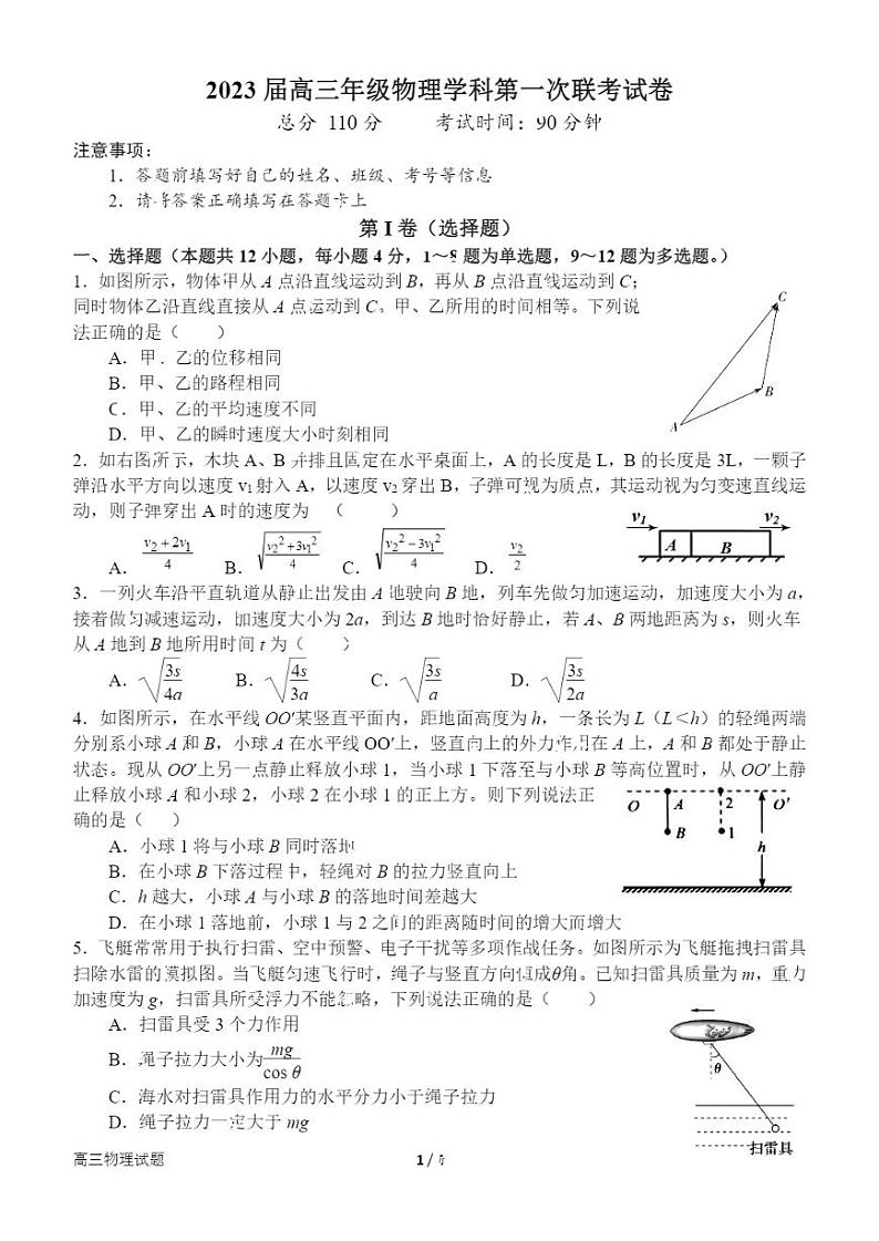2023届南阳六校高三年级物理学科第一次联考试卷第1页