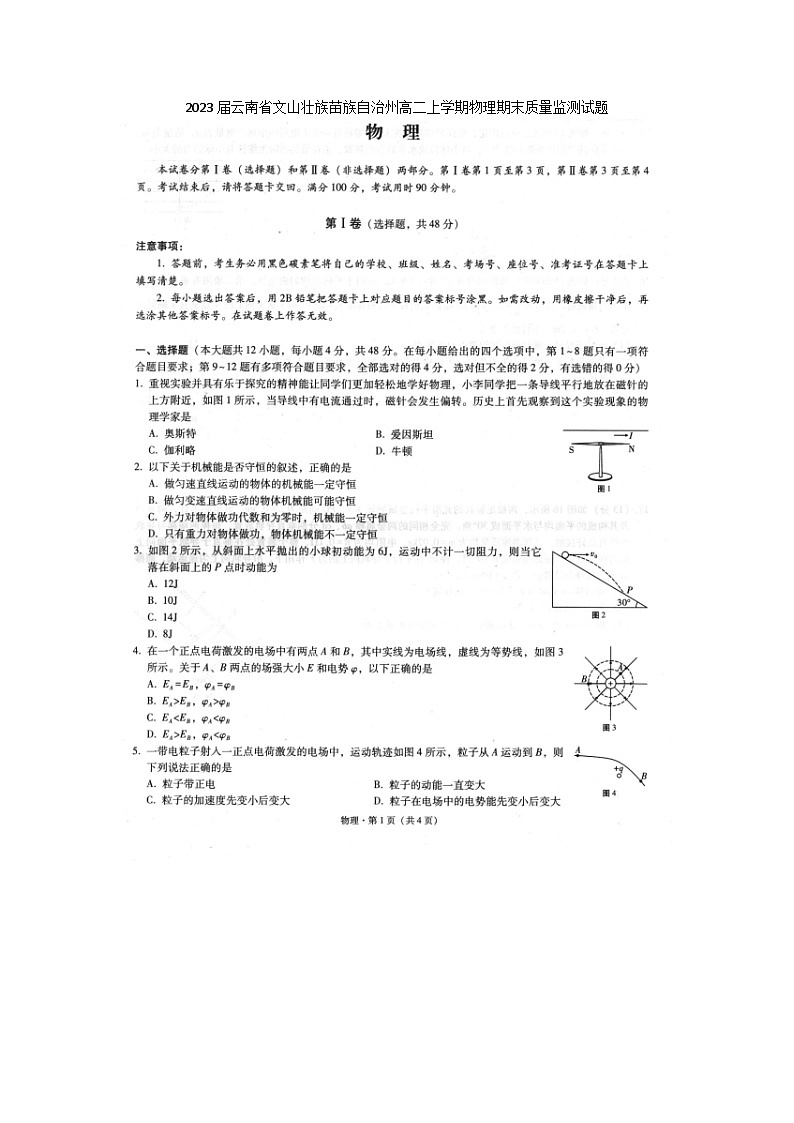 2023届云南省文山壮族苗族自治州高二上学期物理期末质量监测试题第1页