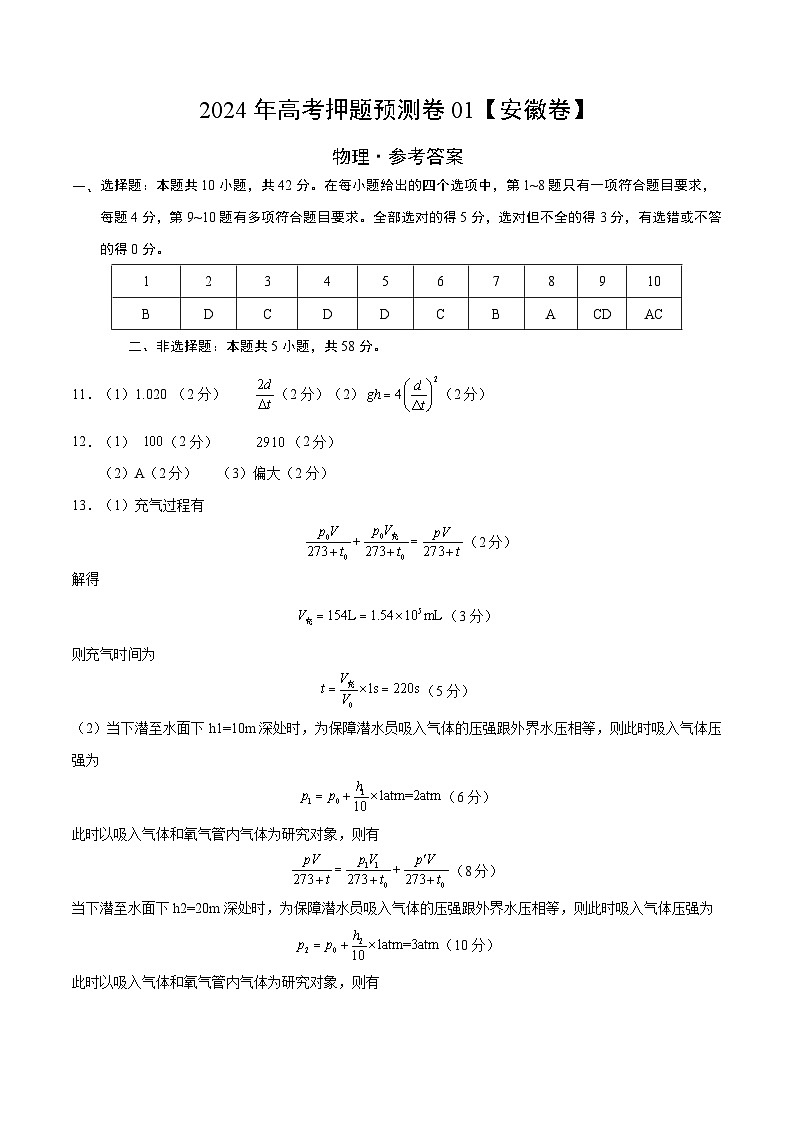 2024年高考押题预测卷—物理（安徽卷01）（参考答案）第1页
