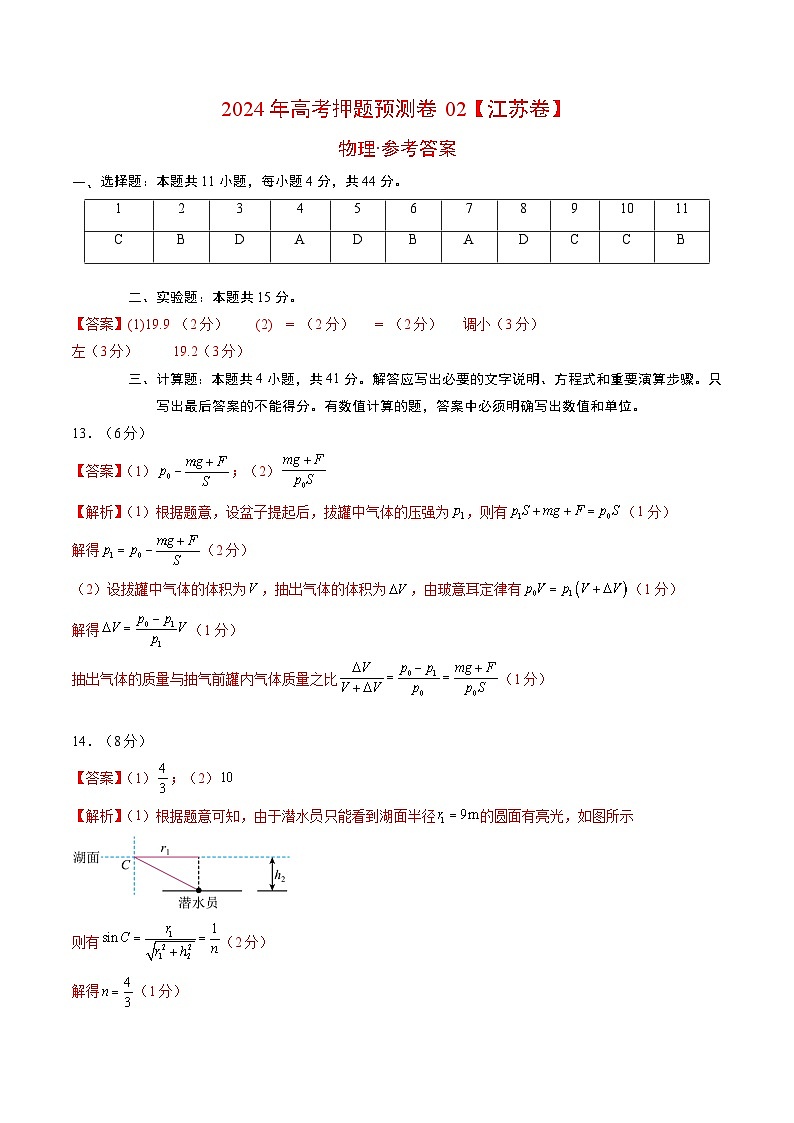 2024年高考押题预测卷—物理（江苏卷02）（参考答案）01