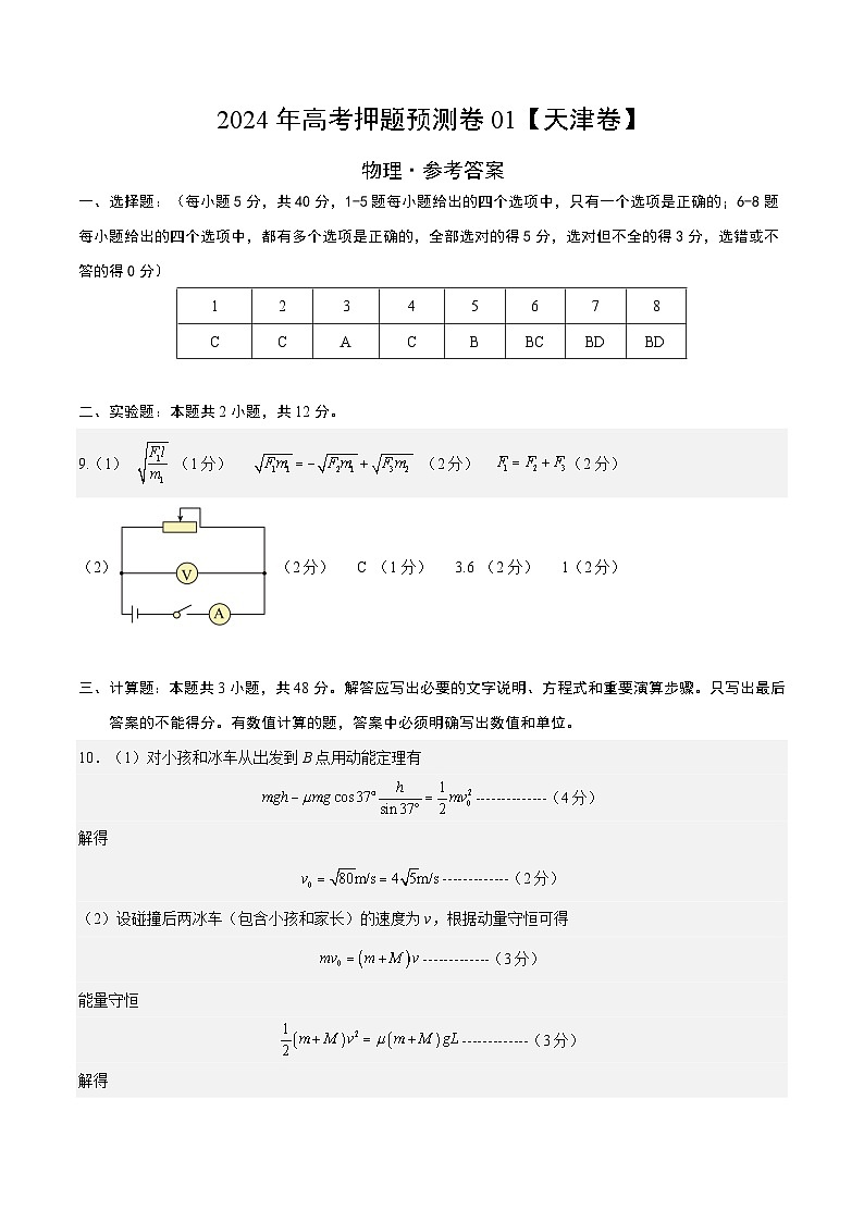 2024年高考押题预测卷—物理（天津卷）（参考答案）第1页