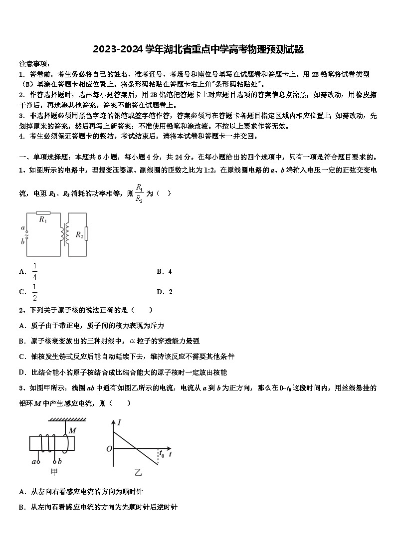 2023-2024学年湖北省重点中学高考物理预测试题第1页