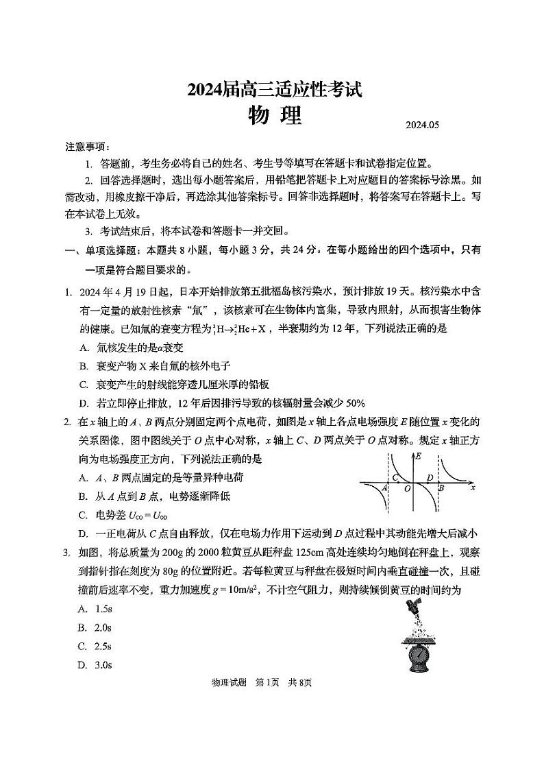 2024届山东省枣庄市高三下学期三模物理试题第1页