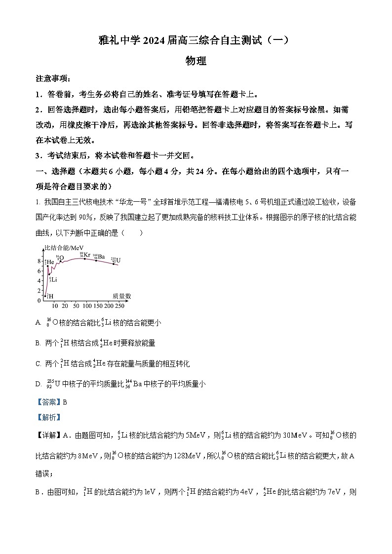 2024届湖南省长沙市雅礼中学高三下学期综合自主测试（一模）物理试题（原卷版+解析版）01