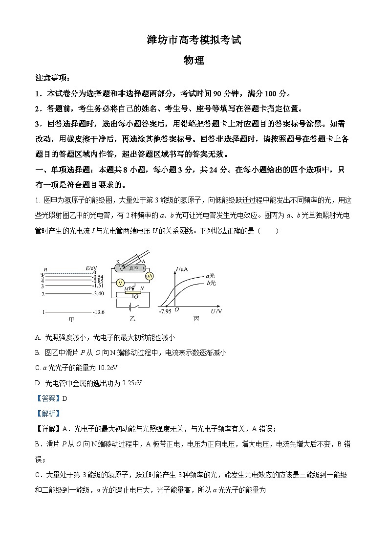 2024届山东省潍坊市高三下学期二模物理考试卷（原卷版+解析版）01