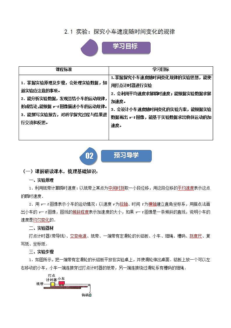 人教版高中物理（必修一）同步讲义练习2.1 实验：探究小车速度随时间变化的规律（含解析）第1页