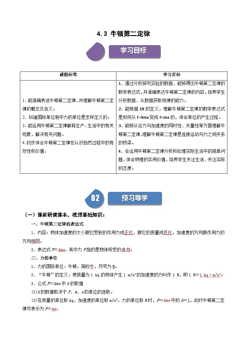 人教版高中物理（必修一）同步讲义+练习4.3  牛顿第二定律（含解析）第1页
