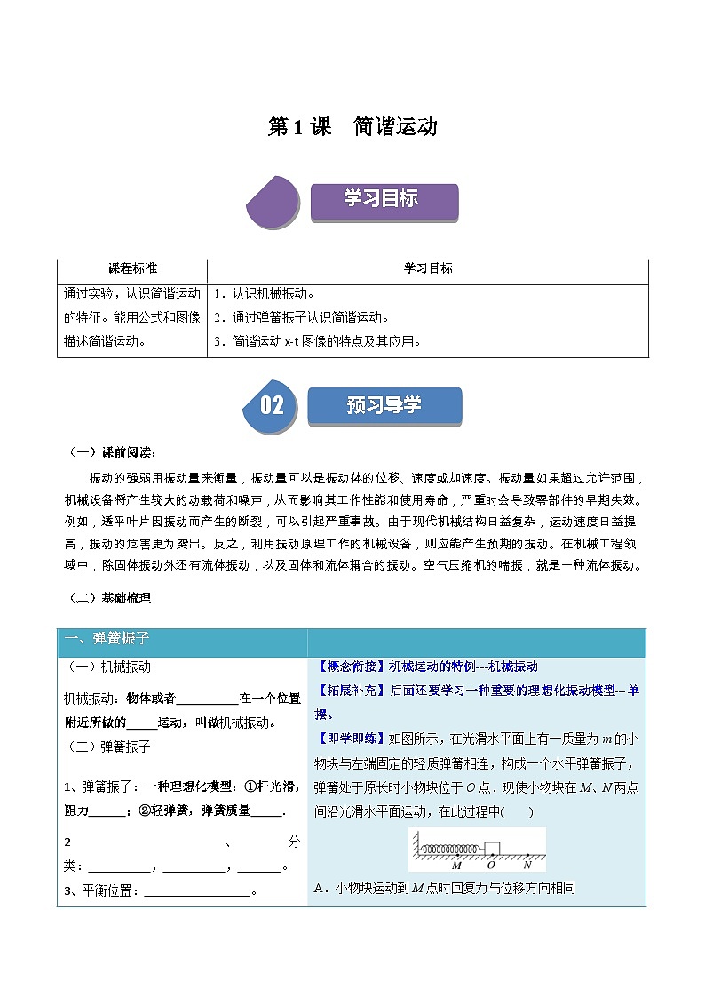 人教版高中物理（选择性必修一）同步讲义+练习2.1 简谐运动（含解析）第1页