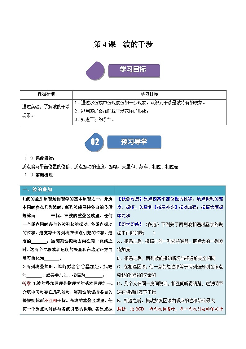 人教版高中物理（选择性必修一）同步讲义+练习3.4 波的干涉（含解析）01
