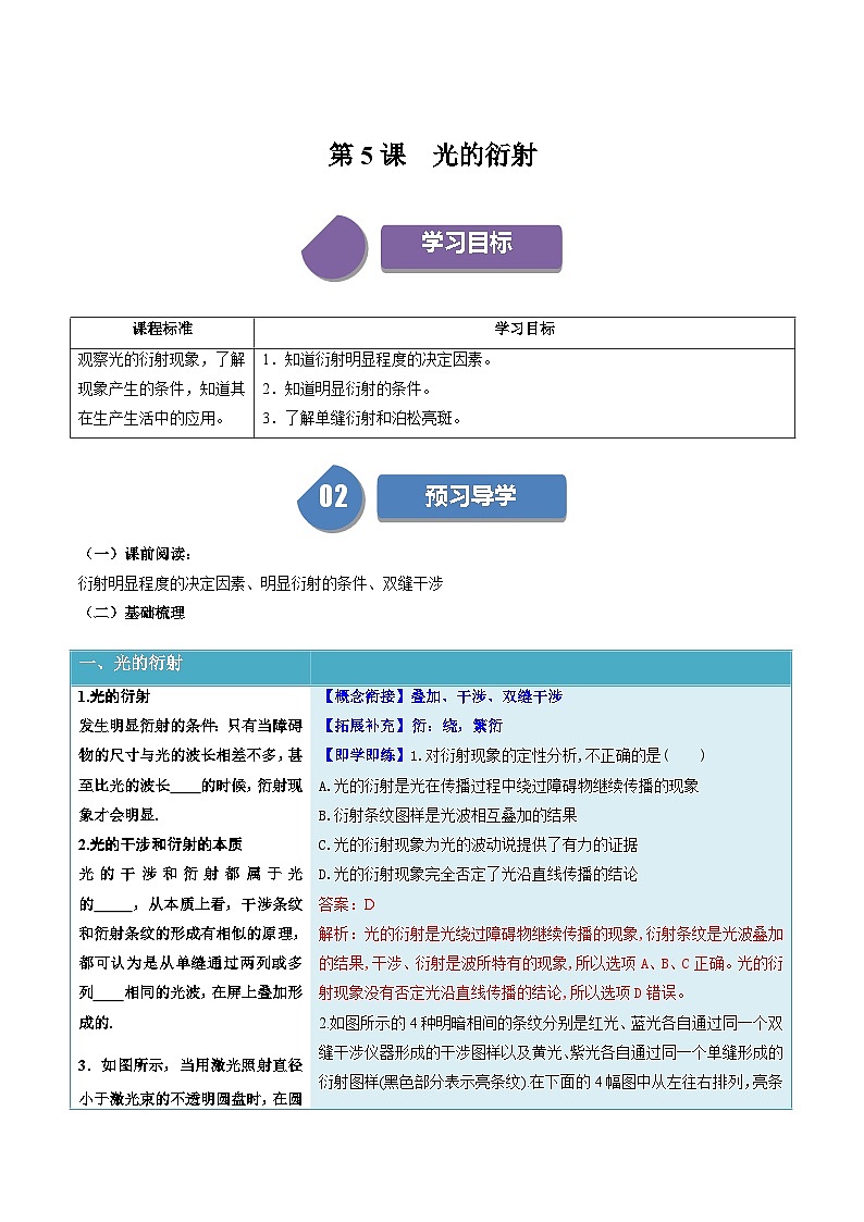 人教版高中物理（选择性必修一）同步讲义+练习4.5 光的衍射（含解析）01