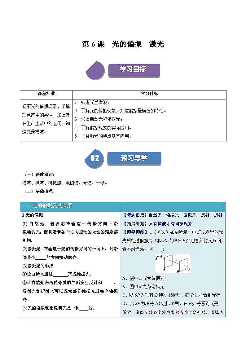 人教版高中物理（选择性必修一）同步讲义+练习4.6 光的偏振  激光（含解析）01