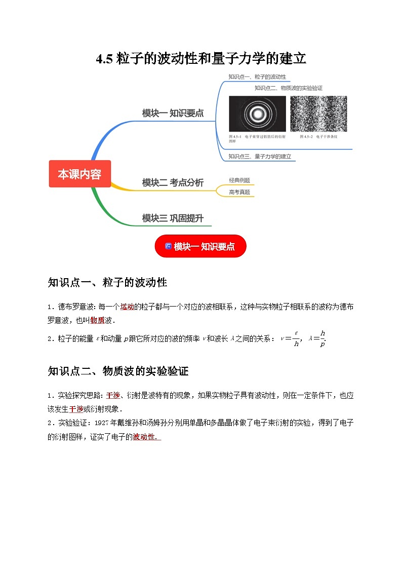 人教版高中物理（选择性必修三）同步讲义+练习4.5粒子的波动性和量子力学的建立（含解析）第1页