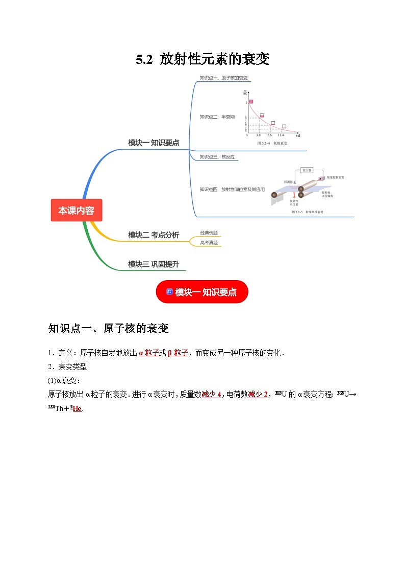 人教版高中物理（选择性必修三）同步讲义+练习5.2放射性元素的衰变（含解析）01