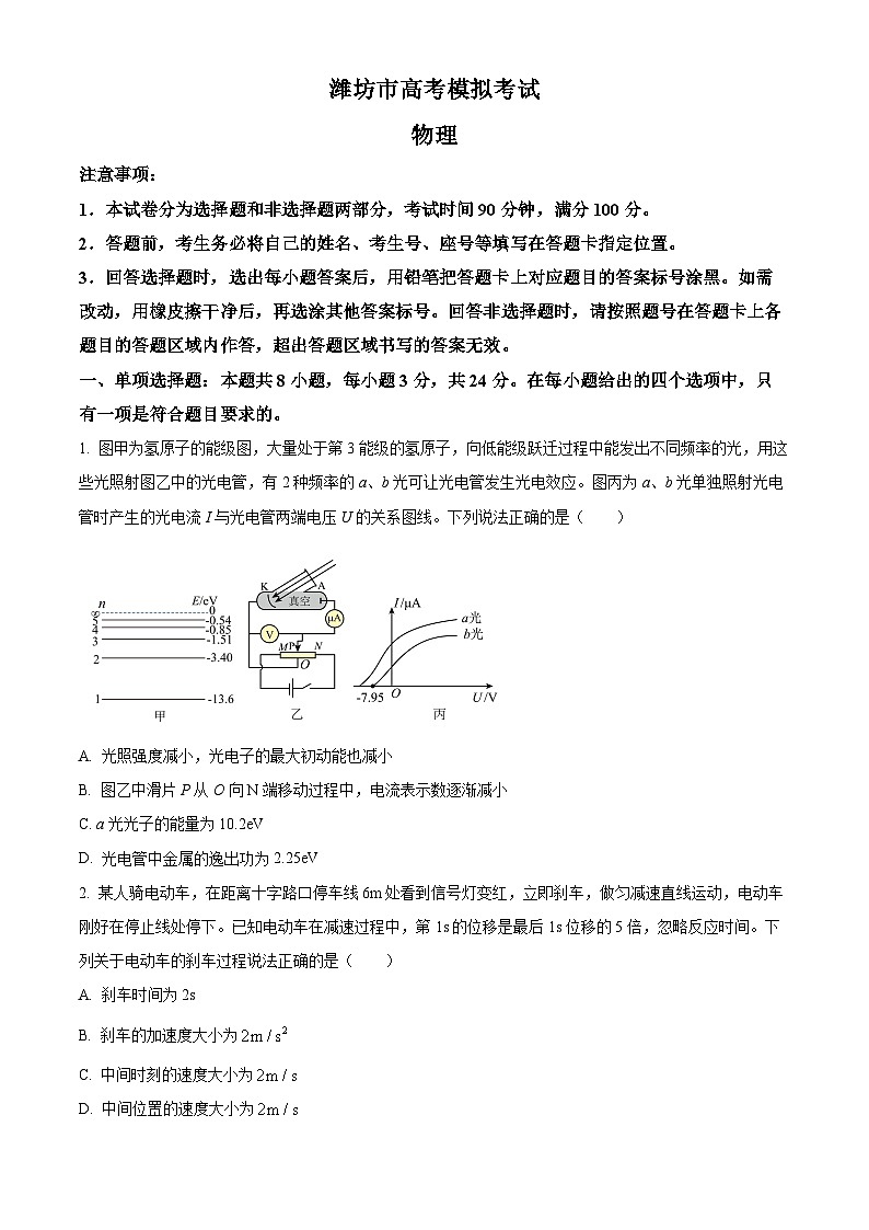 2024届山东省潍坊市高三下学期二模物理考试卷第1页