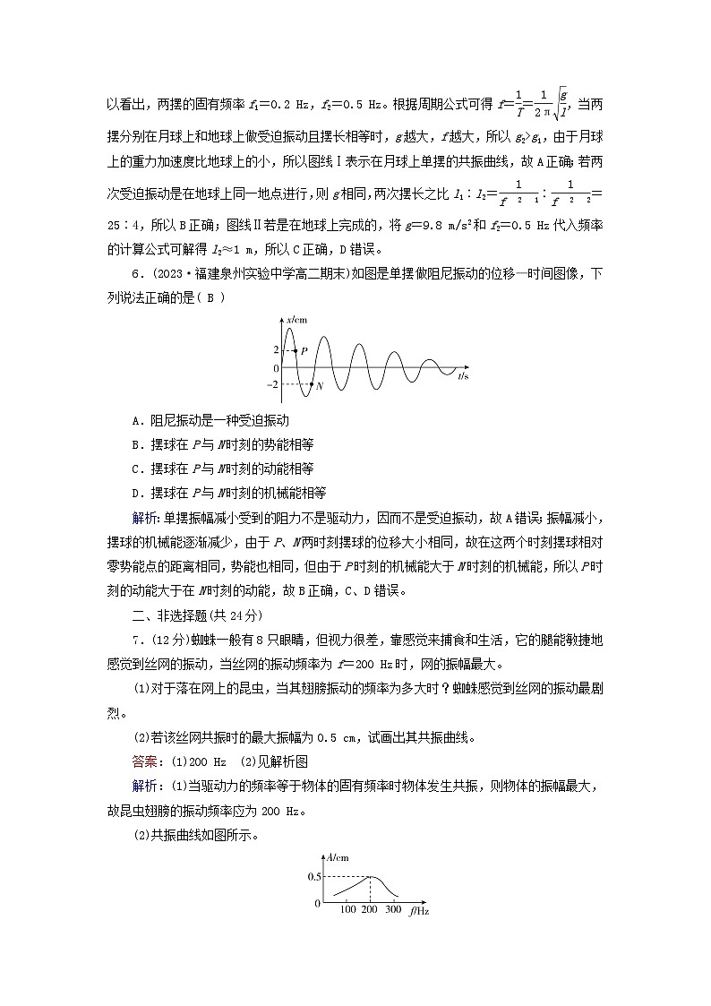 2025版新教材高中物理第2章机械振动6受迫振动共振提能作业（附解析新人教版选择性必修第一册）03