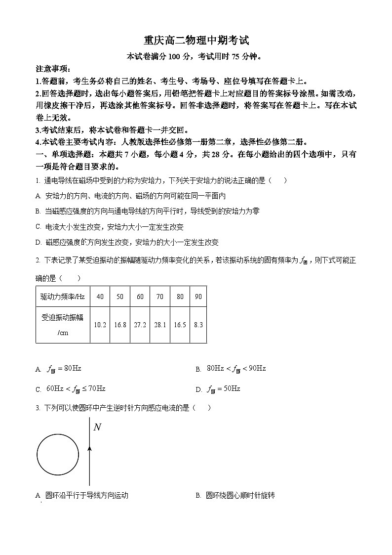 重庆市江津第二中学校等多校联考2023-2024学年高二下学期期中考试物理试题（原卷版）第1页