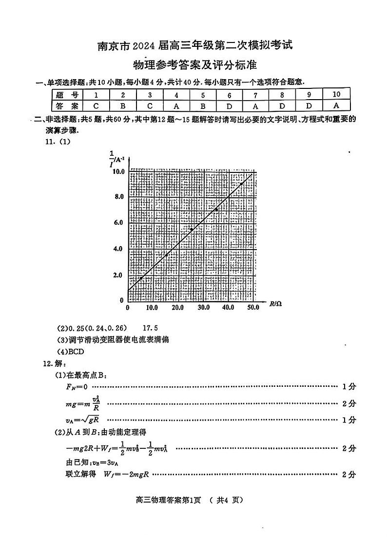 江苏省南京市2024届高三下学期二模物理试题（PDF版附答案）01