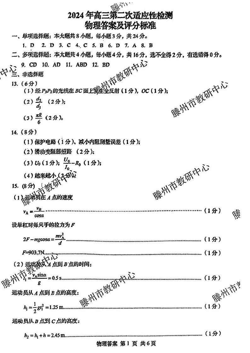 2024届山东青岛二模、枣庄三调高三下学期5月考试物理试题+答案01