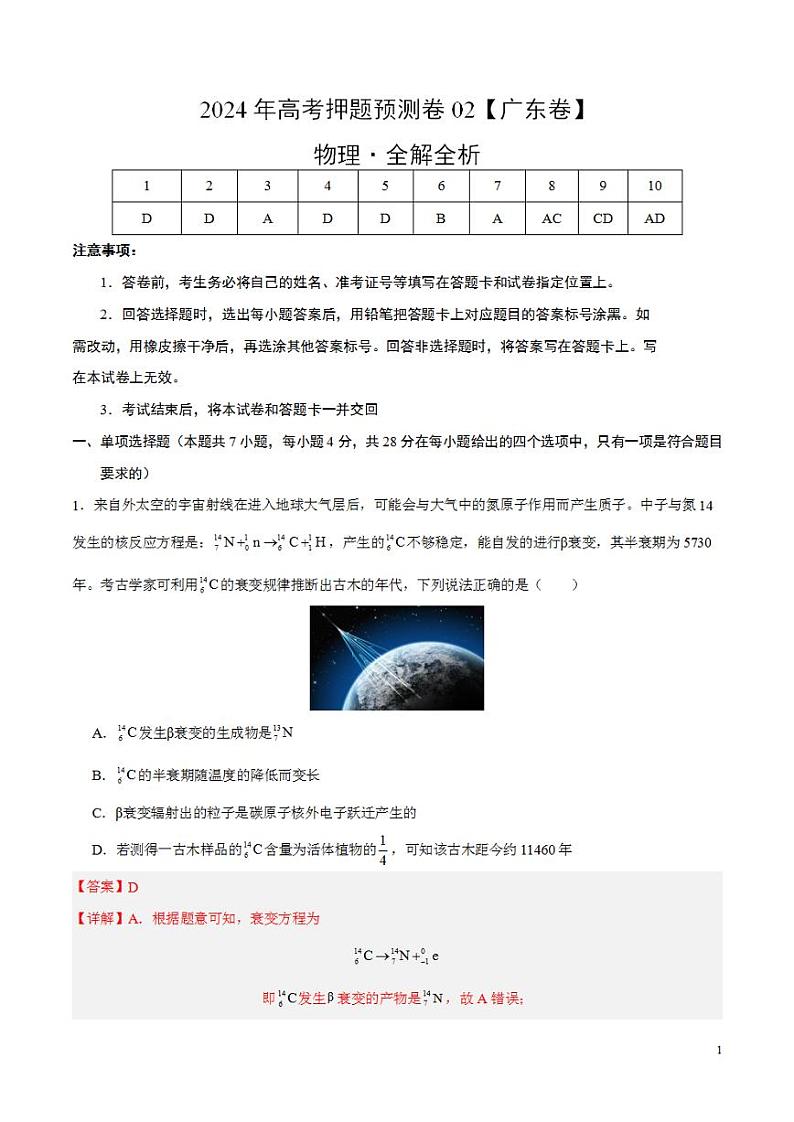 2024年高考押题预测卷—物理（广东卷02）（解析版）第1页