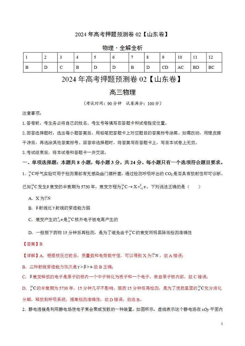 2024年高考押题预测卷—物理（山东卷02）（解析版）第1页