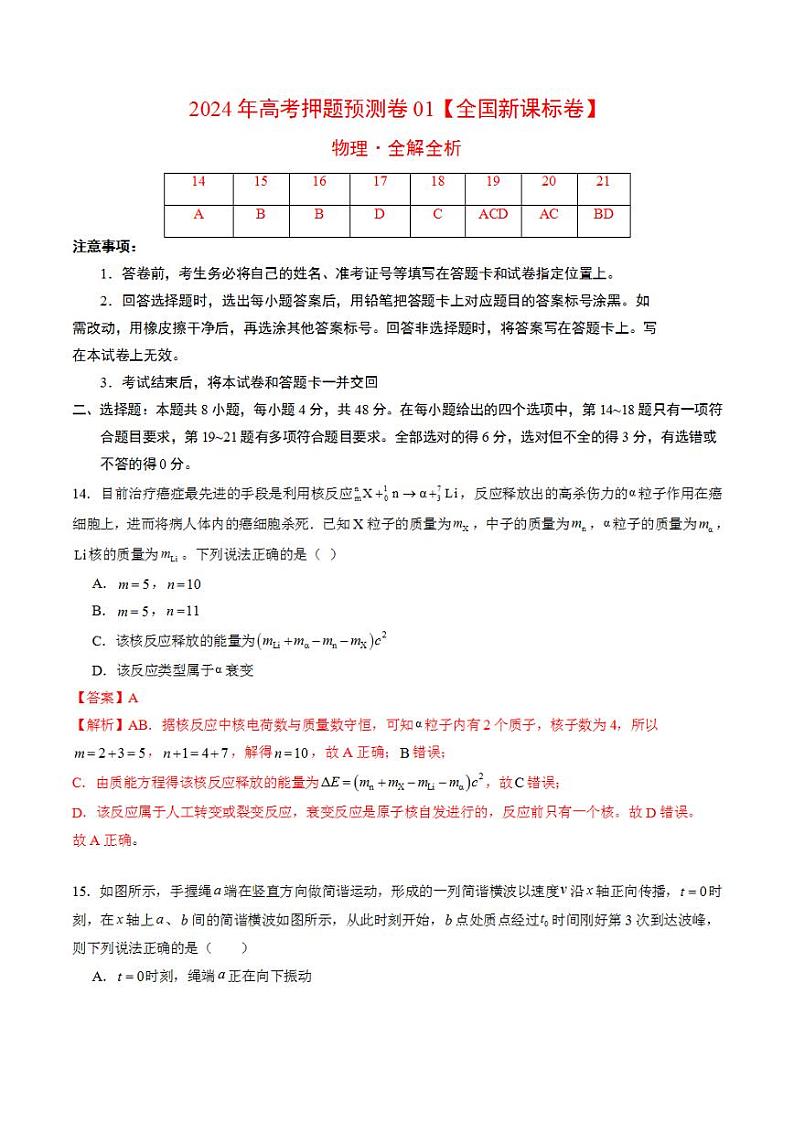 2024年高考押题预测卷—物理（全国新课标卷01）（解析版）第1页