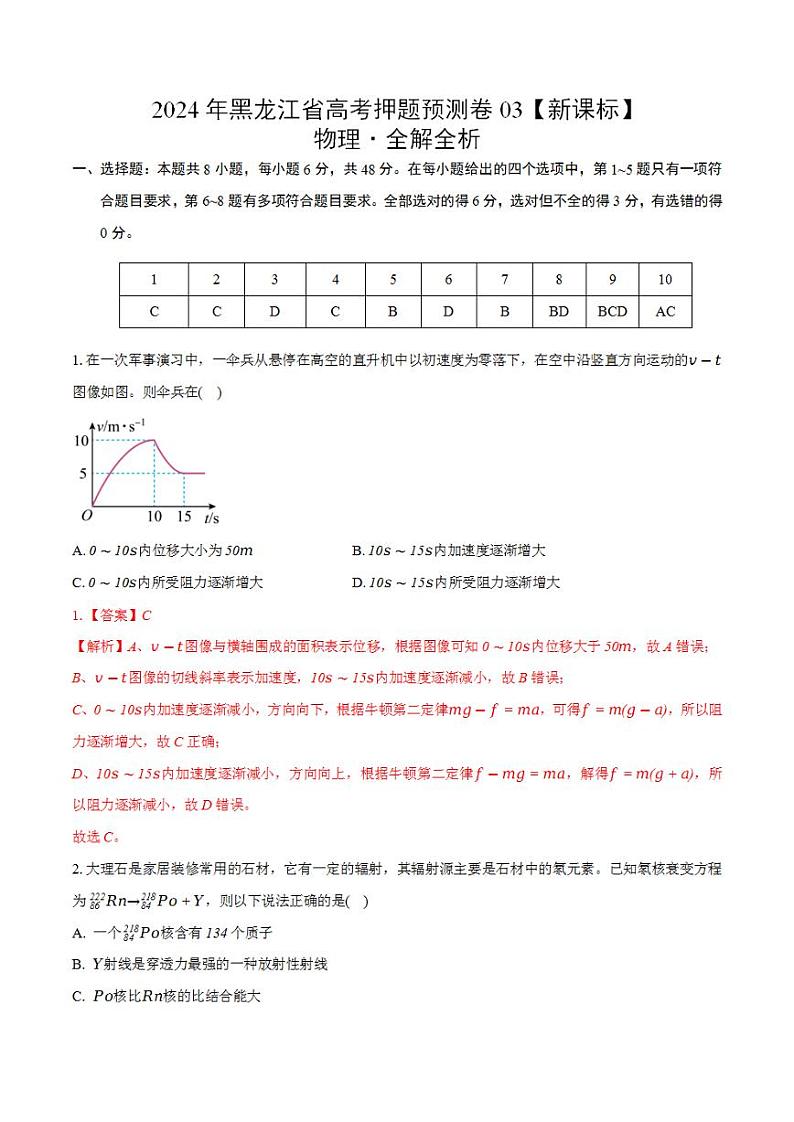 2024年高考押题预测卷—物理（黑龙江卷03）（解析版）第1页