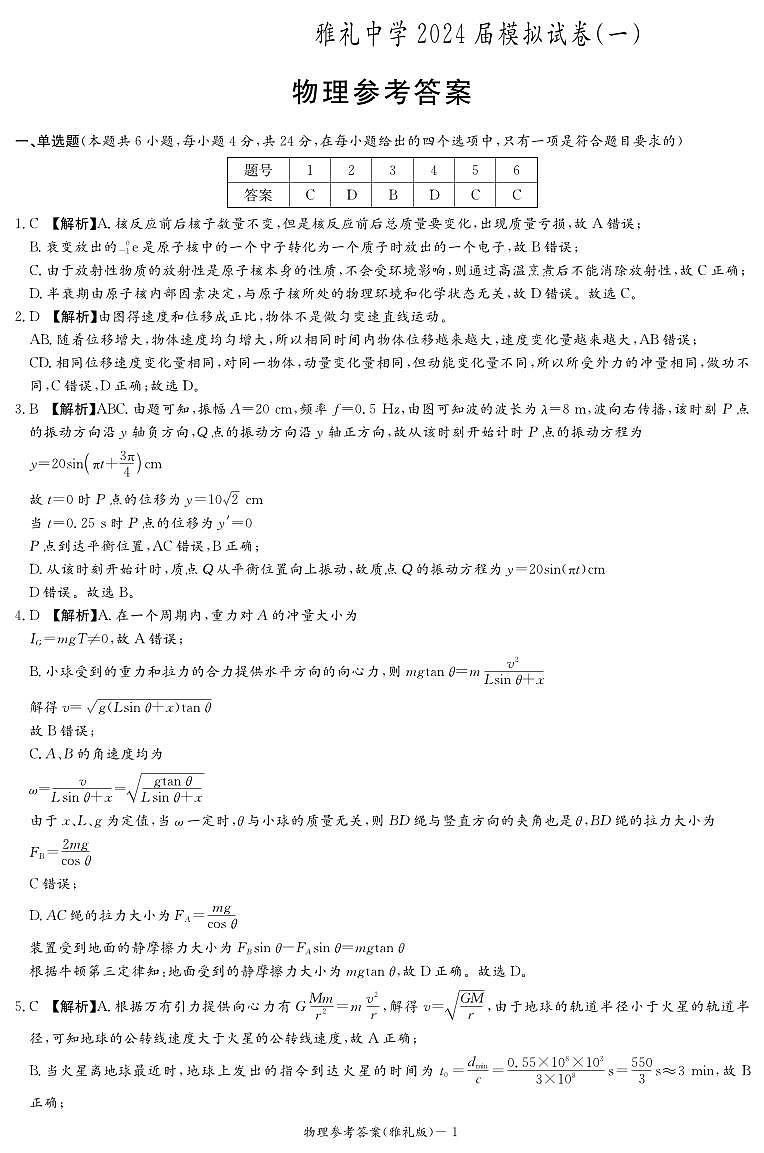 2024届湖南省长沙市雅礼中学高三下学期模拟卷（一）物理试题01
