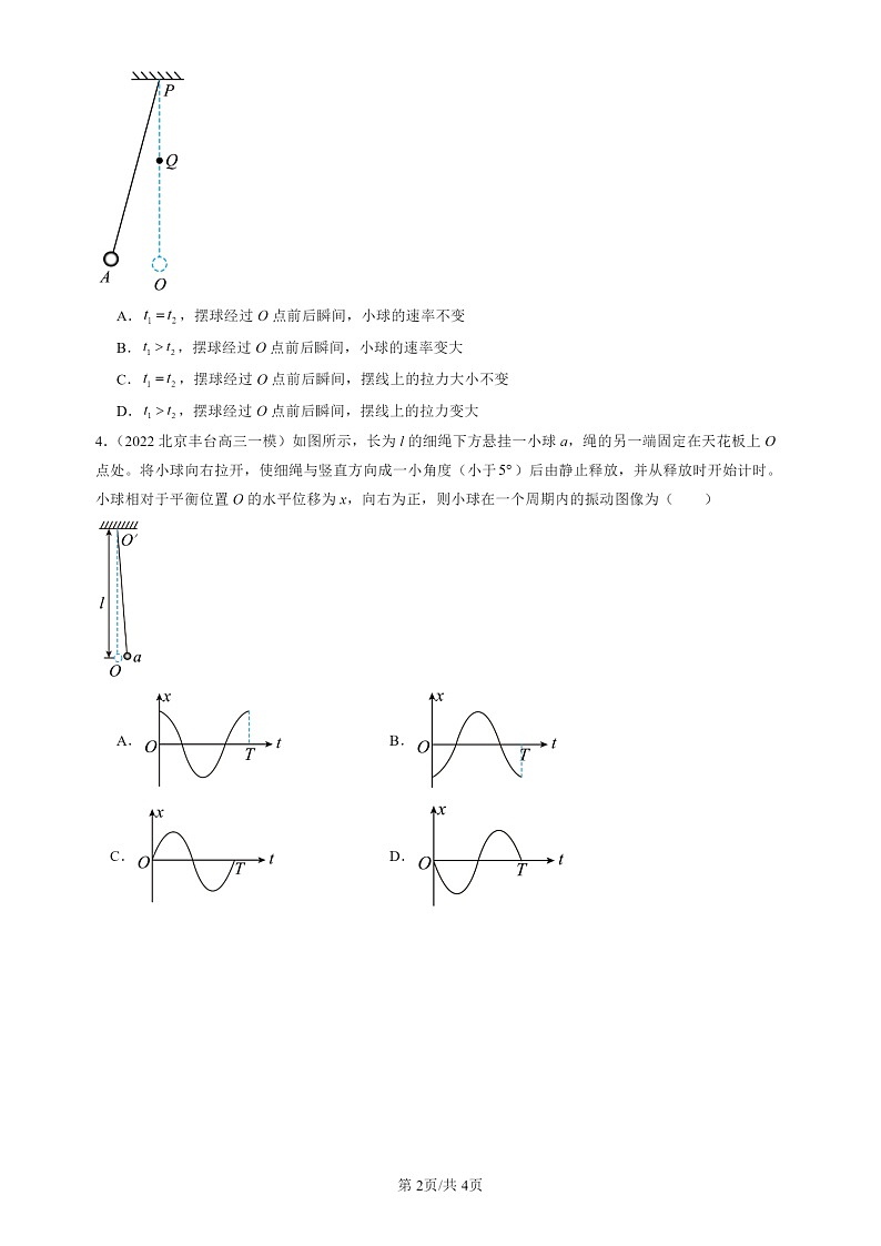 2022-2024北京高三一模试题物理分类汇编：单摆02