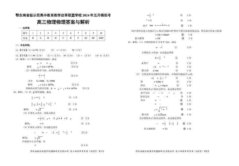 2024年湖北省鄂东南省级示范高中教育教学改革联盟学校高三下学期模拟考试 物理试题01