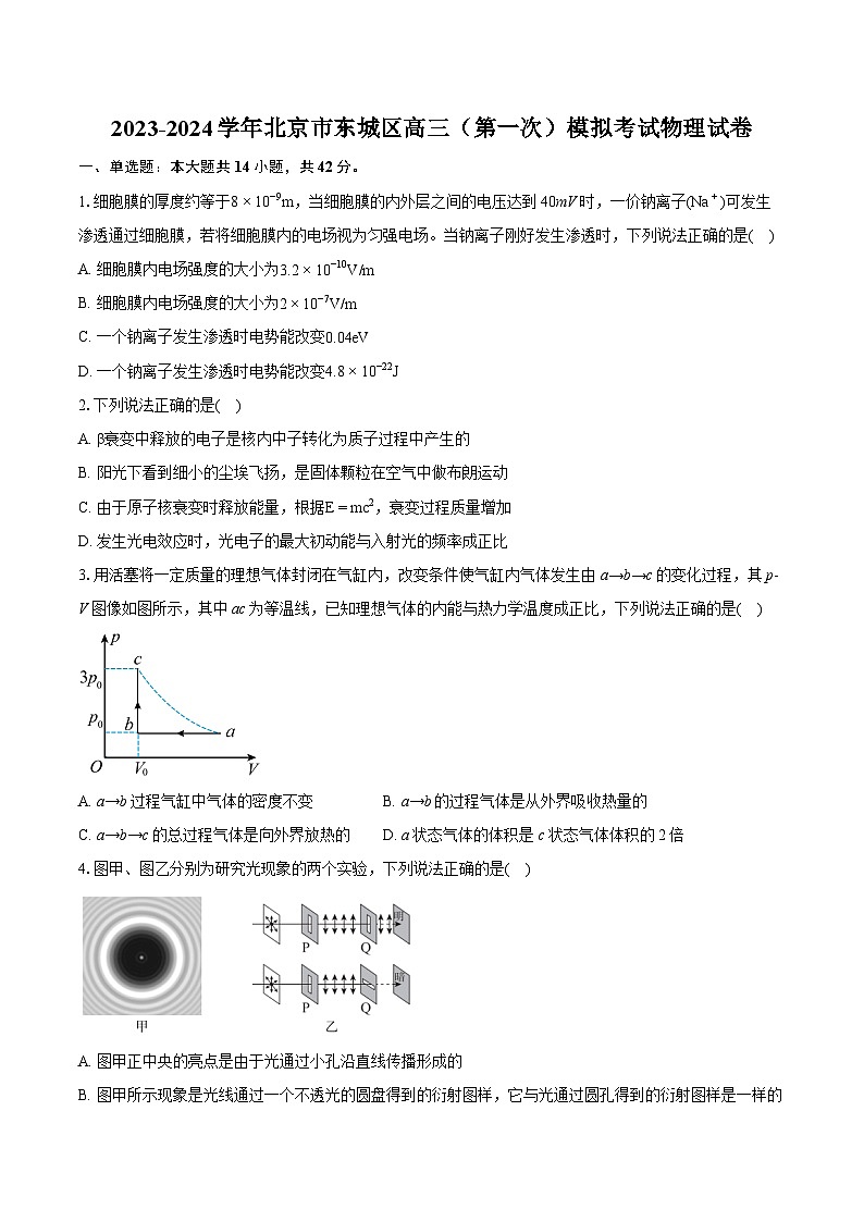 2023-2024学年北京市东城区高三（第一次）模拟考试物理试卷（含详细答案解析）01